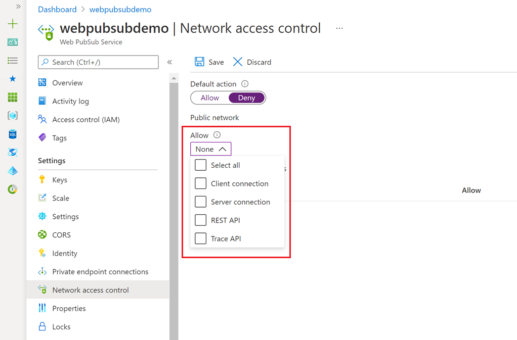 Screenshot that shows editing a public network access control list in the Azure portal.