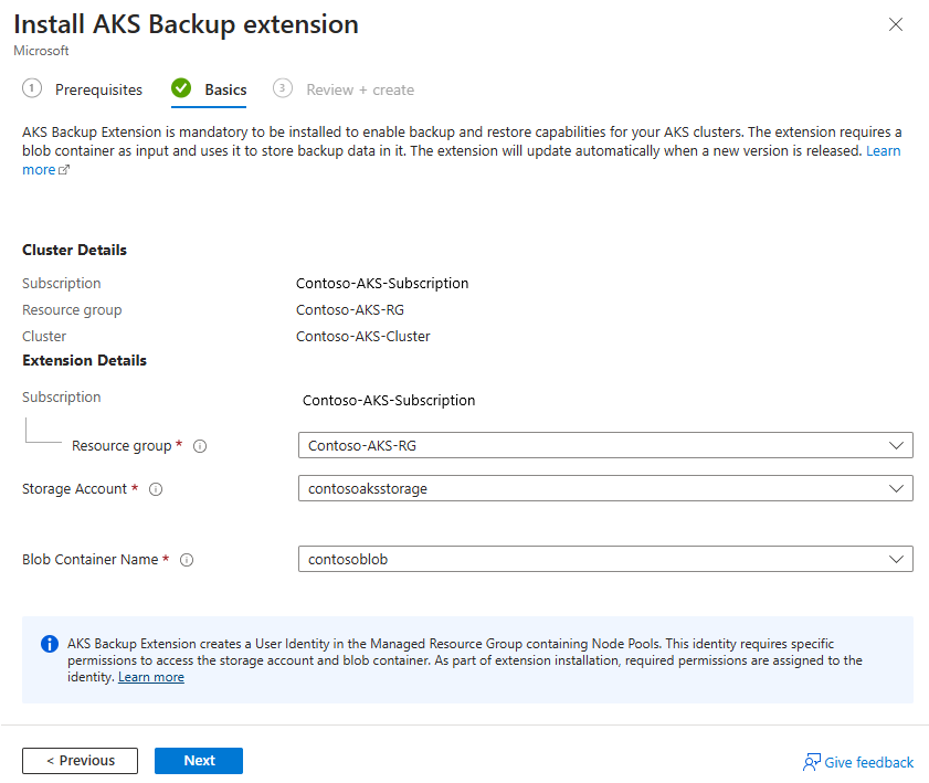 Screenshot that shows how to add storage and blob details for backup.