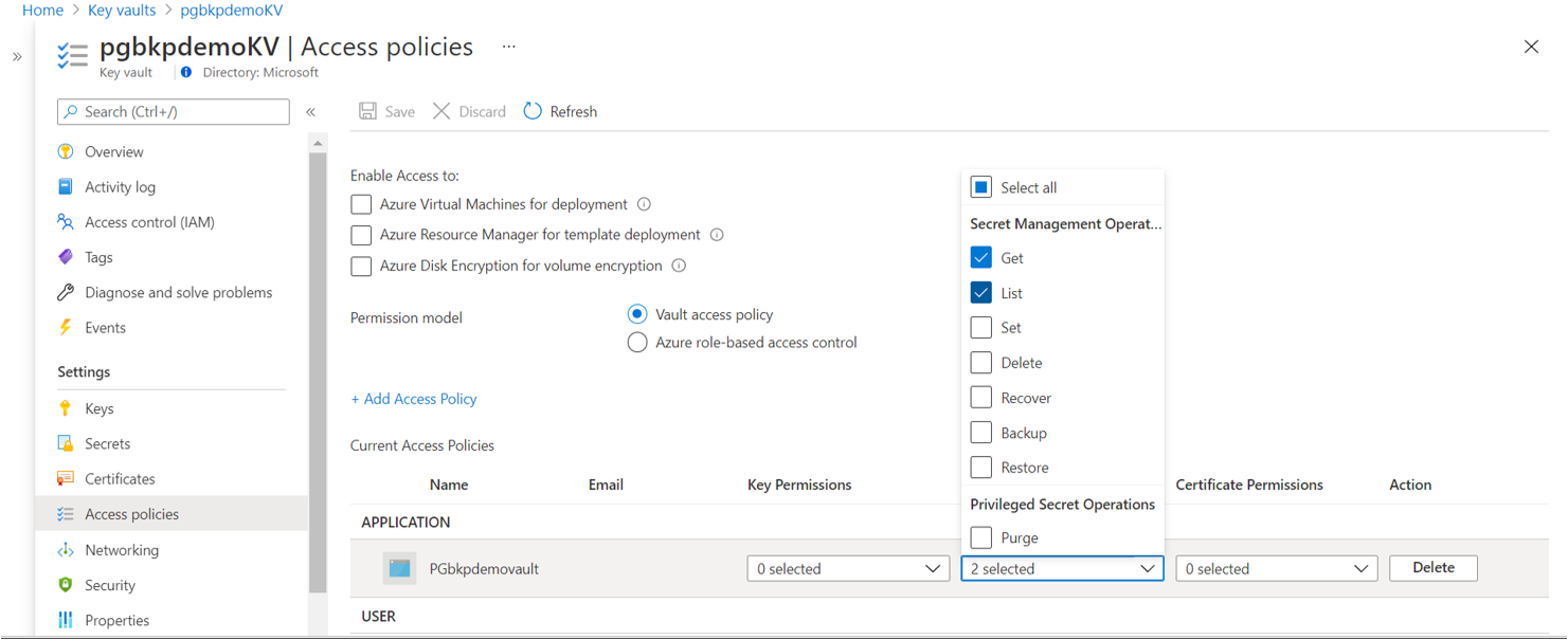 Screenshot showing the option to grant permission using Permission model is set to Vault access policy model.