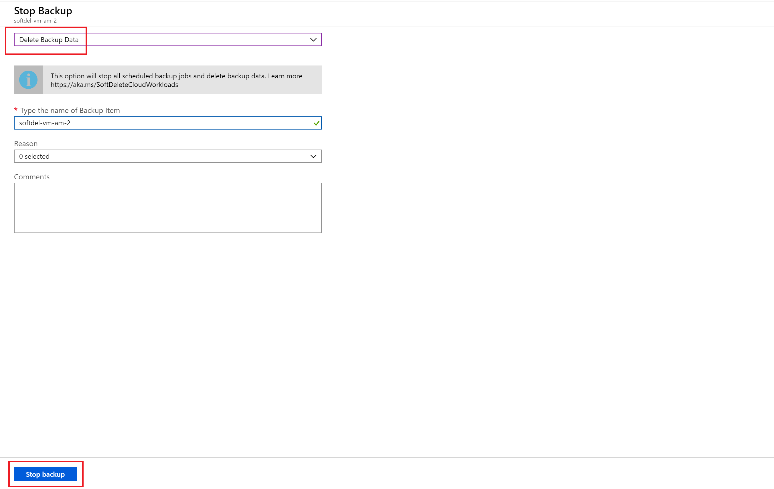 Screenshot of Azure portal, Stop Backup screen