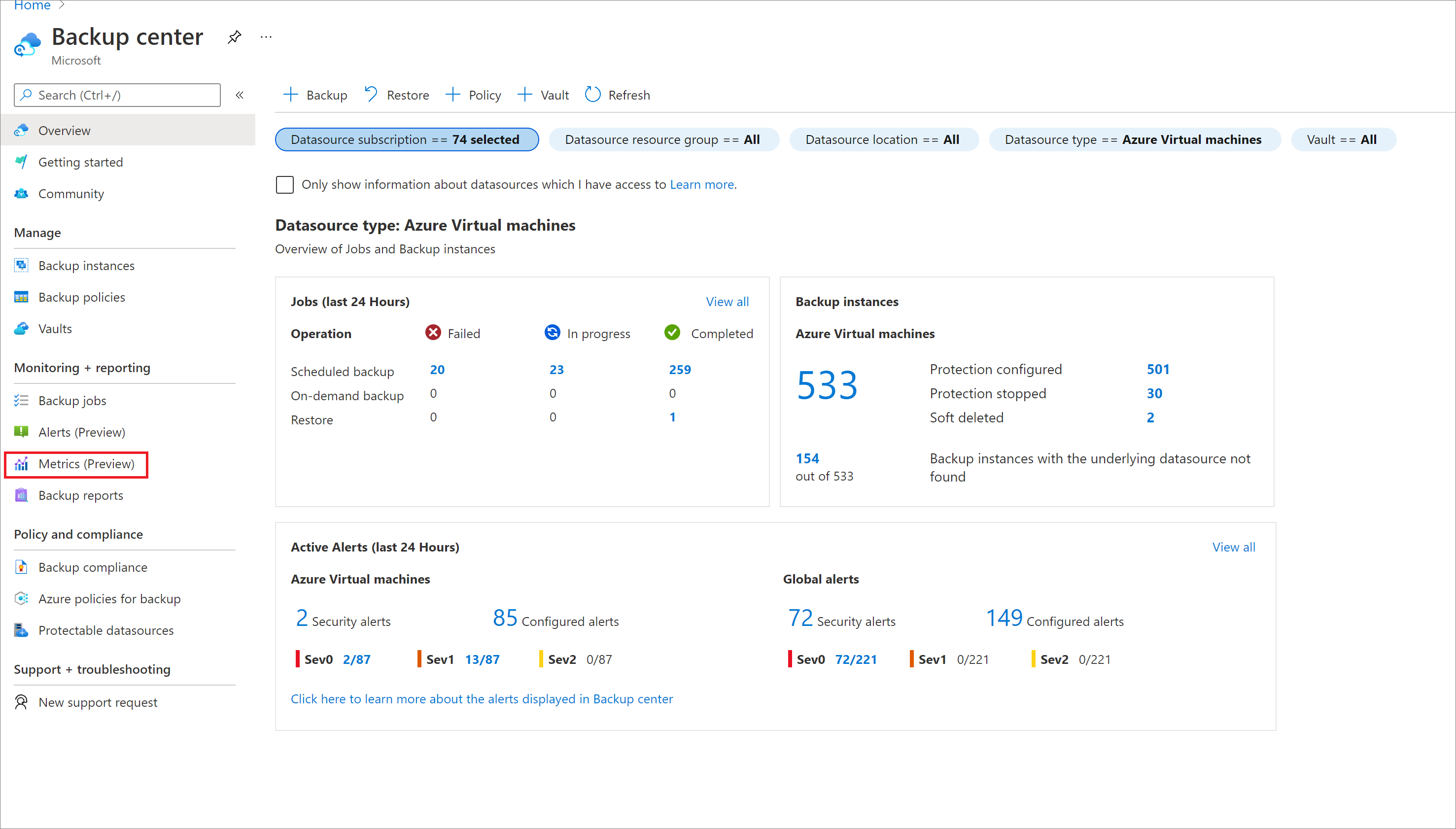 Screenshot showing to select Metrics in Backup center.