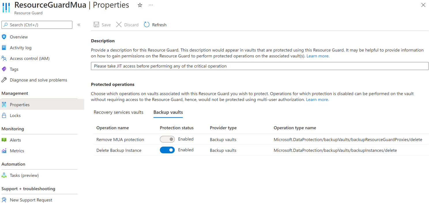 Screenshot showing demo resource guard properties for Backup vault.