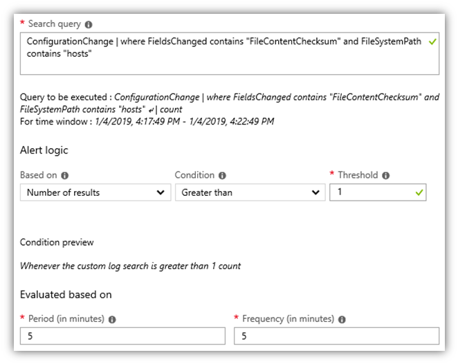 Screenshot of the Log Analytics alert rule editor in the Azure portal