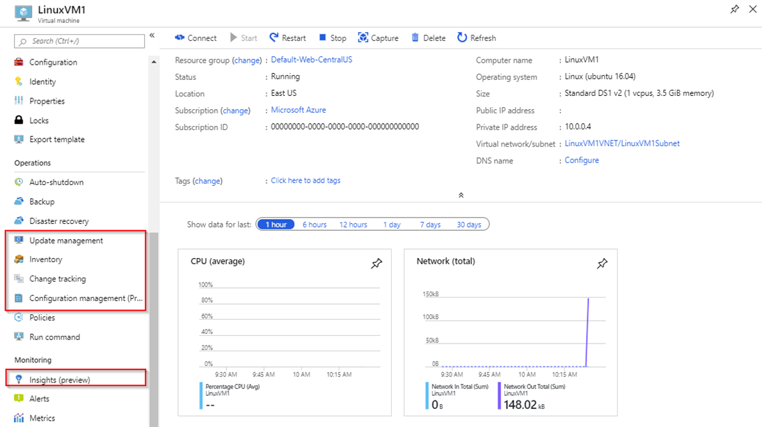 Screenshot of virtual machine settings in the Azure portal