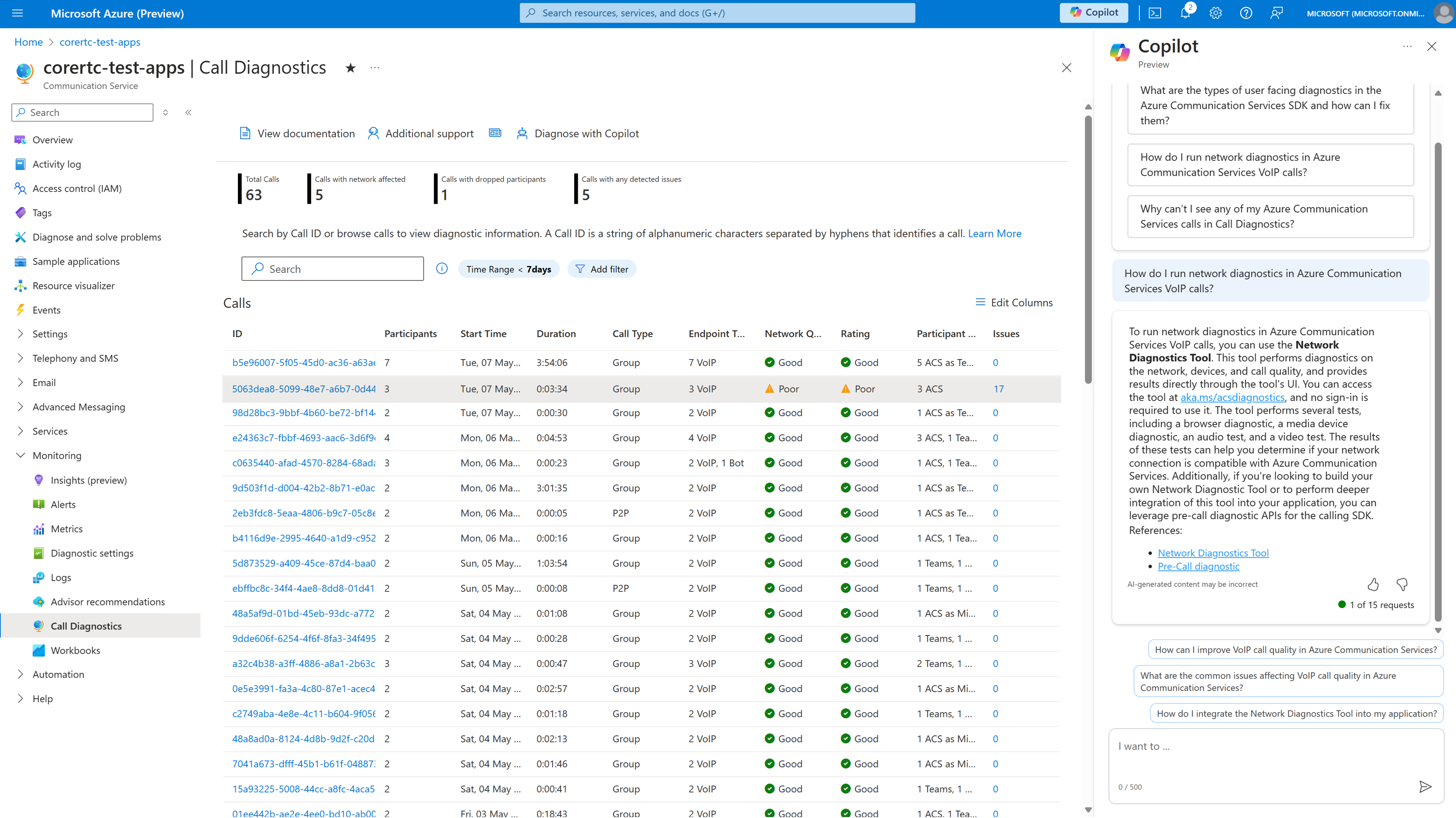 Screenshot of a Call Diagnostics search that shows recent calls for an Azure Communications Services resource and a response from Copilot in Azure.