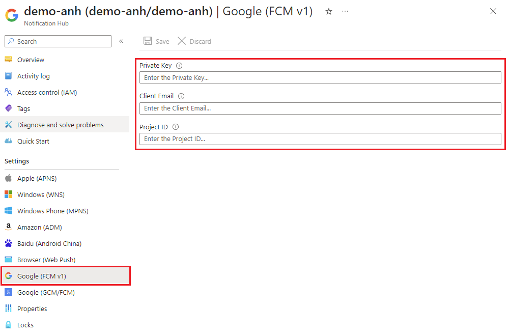 Screenshot of how to provide a new private key credentials for FCM v1 in Azure portal settings.