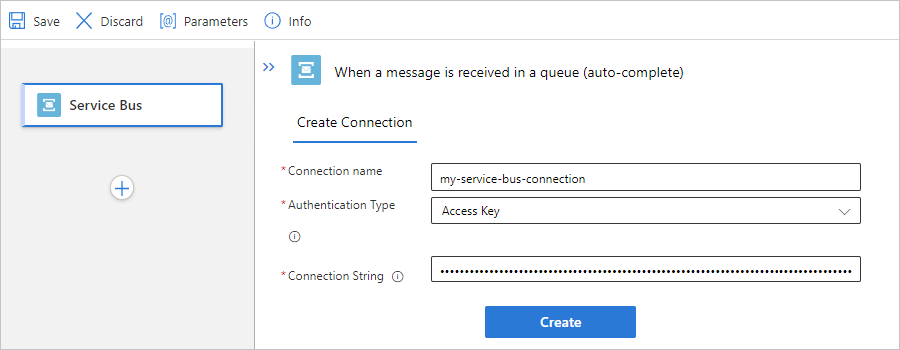 Screenshot showing Standard workflow, Service Bus managed trigger, and example connection information.