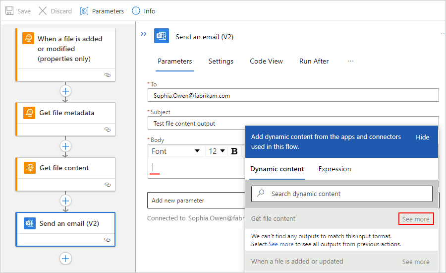 Screenshot shows Standard workflow designer, "Send an email" action, and dynamic content list opened with "See more" selected next to "Get file content" managed action section.