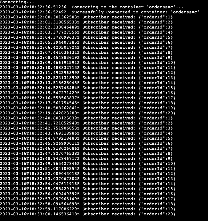 Screenshot of the order processor service container's log stream in the Azure portal.