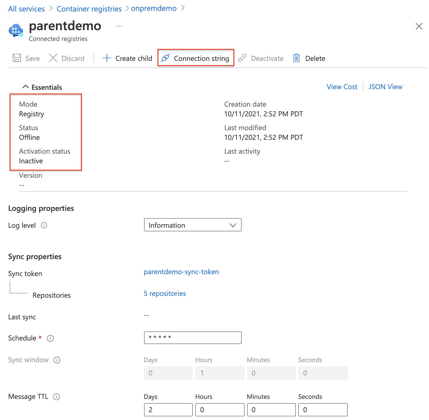 View connected registry properties