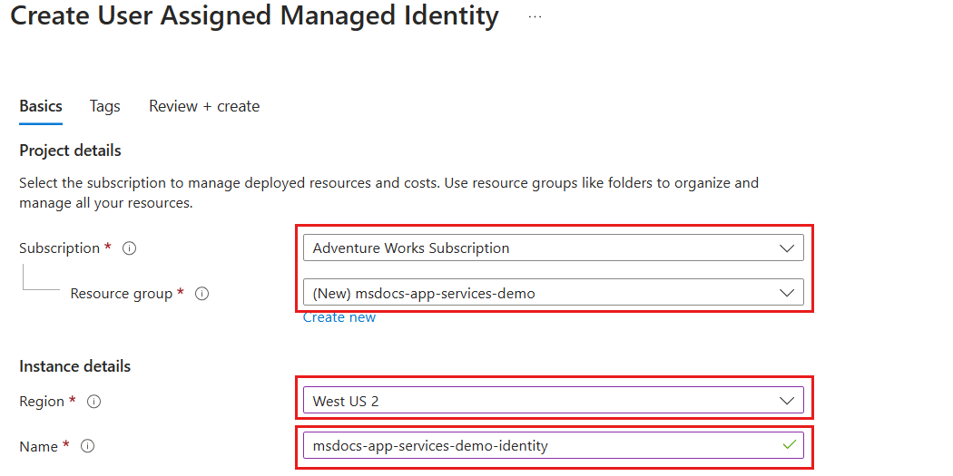 Screenshot of the managed identity resource creation 'Basics' pane.