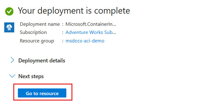 Screenshot of a fully deployed Azure Container Instances resource with the 'Go to resource' option highlighted.