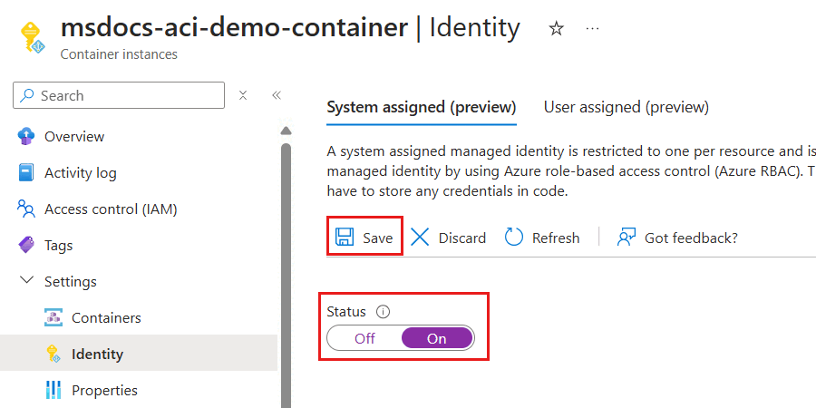 Screenshot of setting the 'Status' option to 'On' for a system-assigned managed identity.