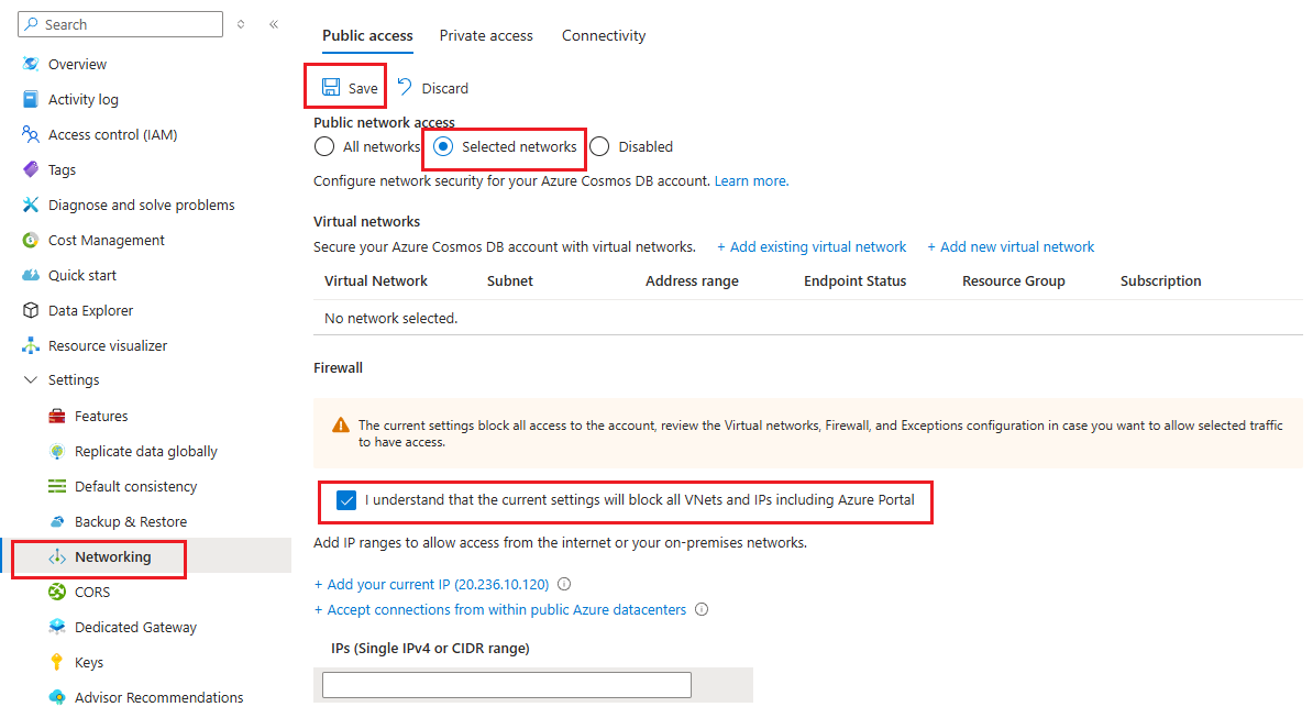 Screenshot of the Azure Cosmos DB networking firewall settings in the Azure portal.