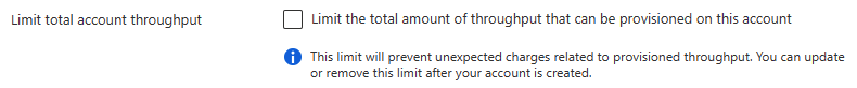 Screenshot of the Azure portal showing how to limit total account throughput when creating a new account