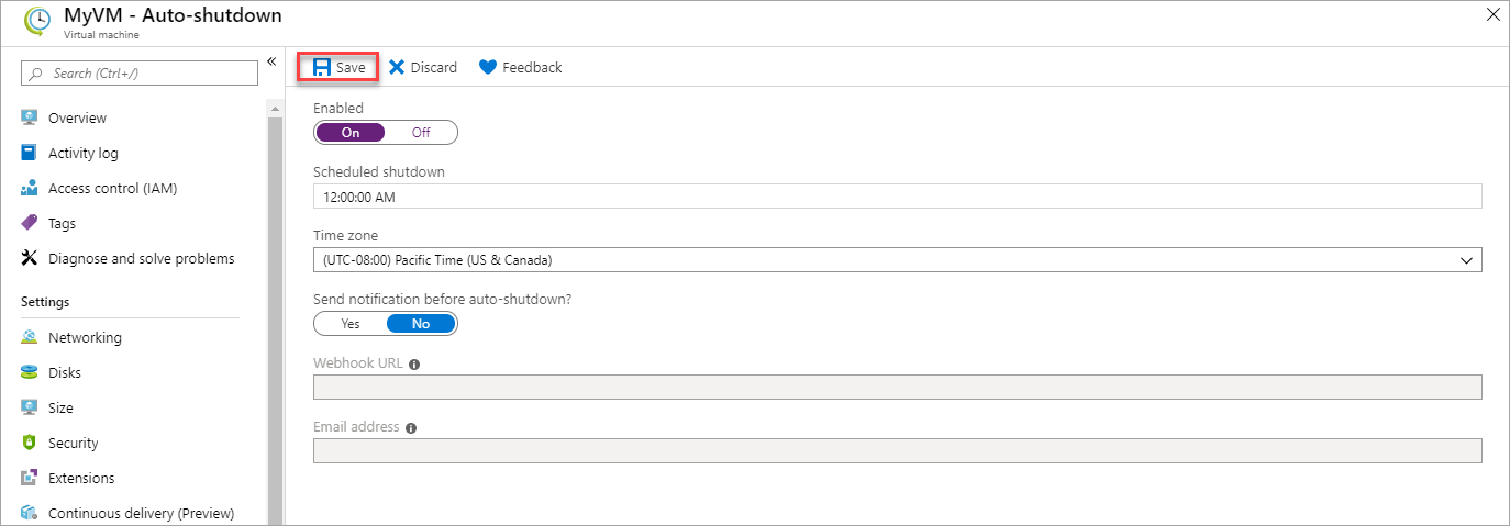 Screenshot of the auto shutdown option in the Azure portal.