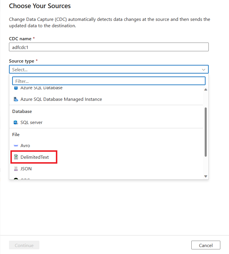 Screenshot of the guided process flyout with source options in a dropdown list.