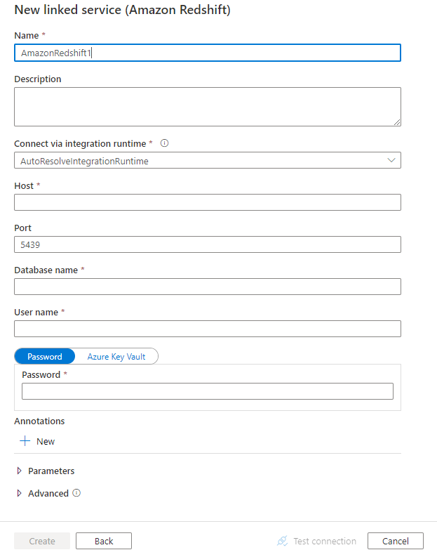 Configure a linked service to Amazon Redshift.