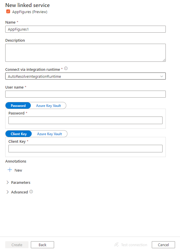 Screenshot of configuration for AppFigures linked service.