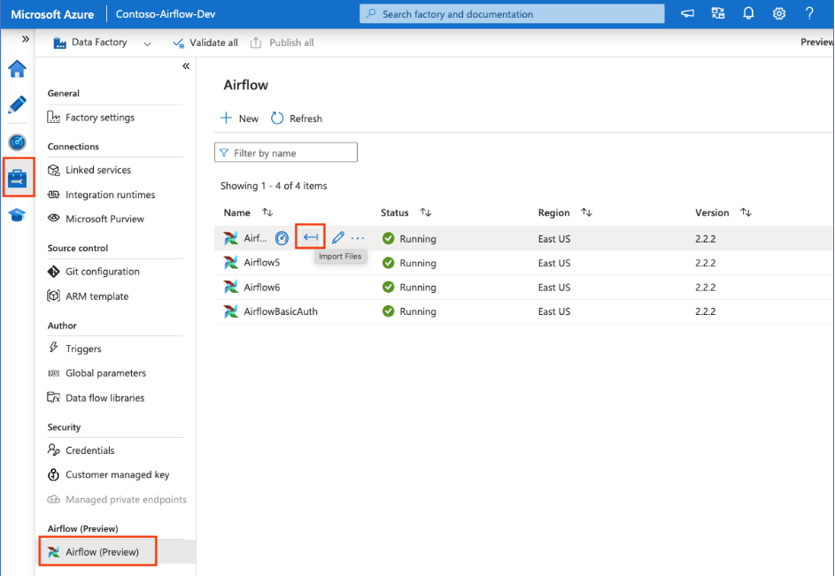 Screenshot shows import files in manage hub.