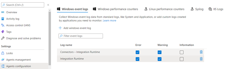 Screenshot of the selection of the SHIR relevant logs with errors and warnings checked.