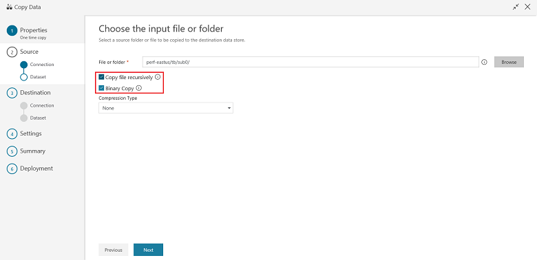 Screenshot shows the Choose the input file or folder where you can select Copy file recursively and Binary Copy.