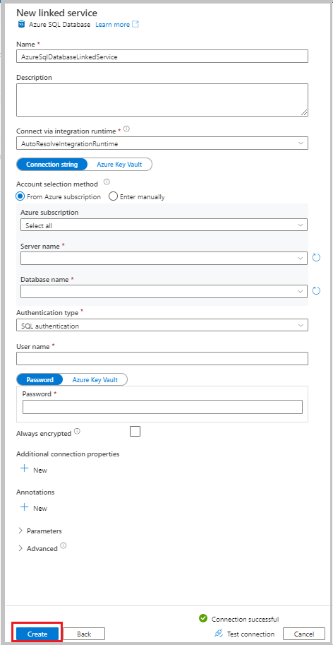 Screenshot that shows settings for an Azure SQL Database linked service.