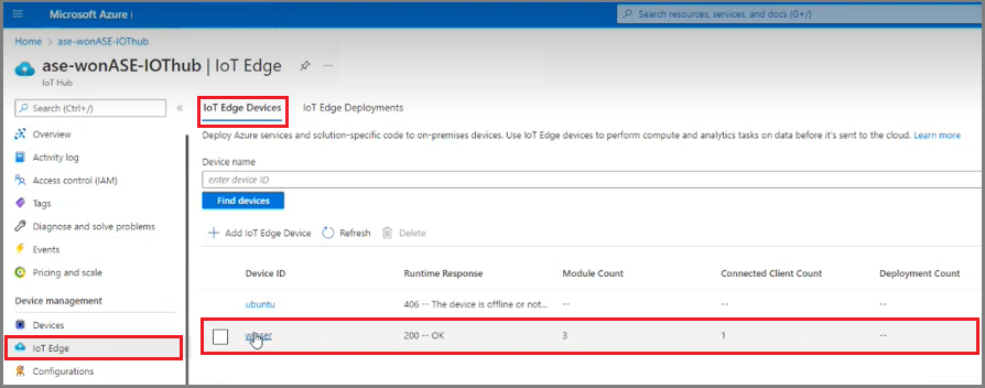 Screenshot of the Azure portal, IoT Edge, IoT Hub device.