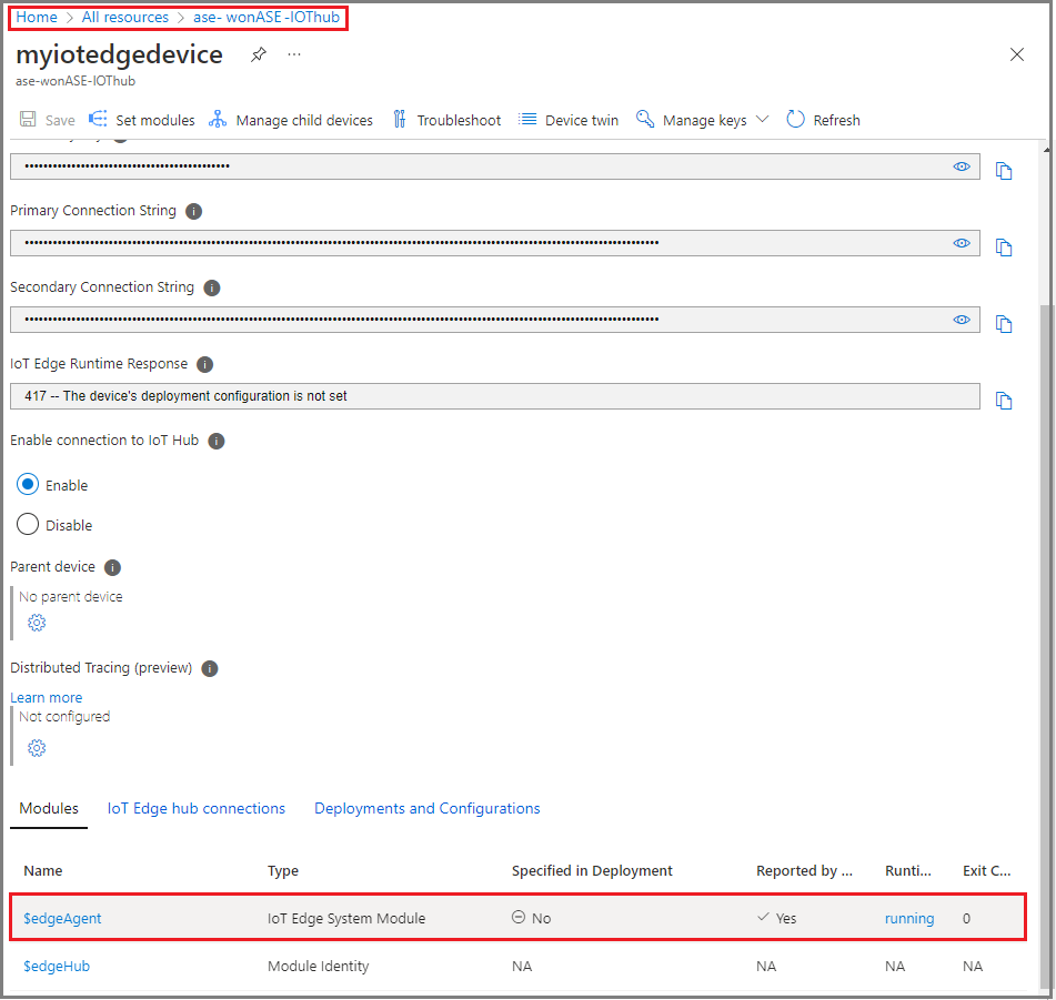 Screenshot of the IoT Edge runtime status in the Azure portal.