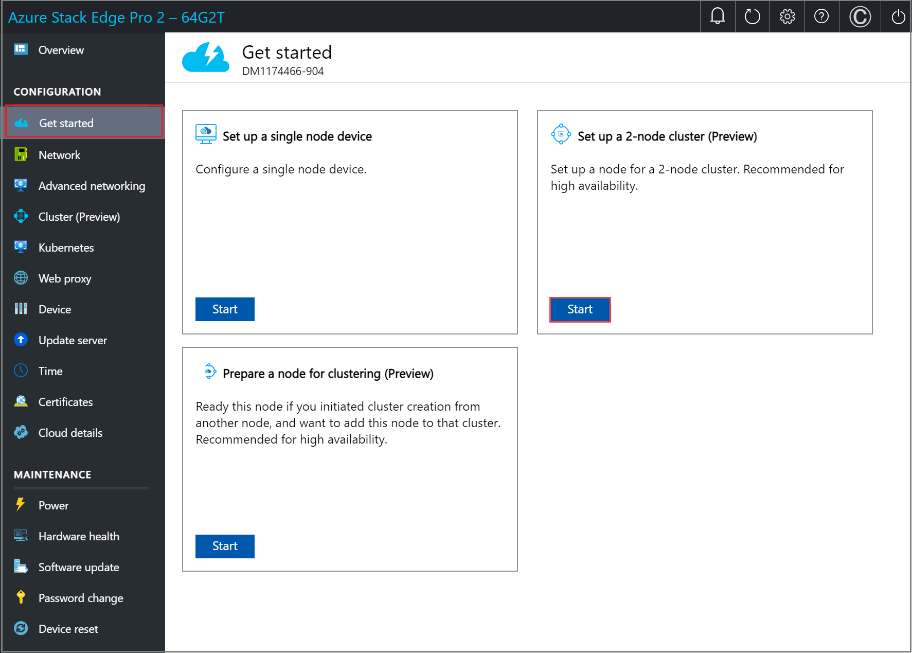 Screenshot of the local web UI "Set up a 2-node cluster" on "Get started" page.