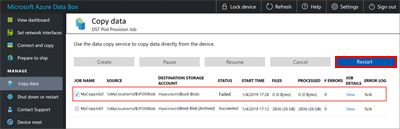 Screenshot of the Copy Data page highlighting the location of the Restart button.