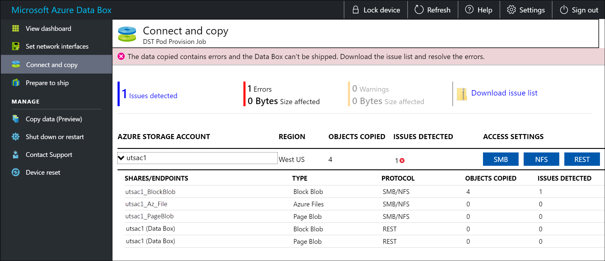 A copy error notification in Connect and copy