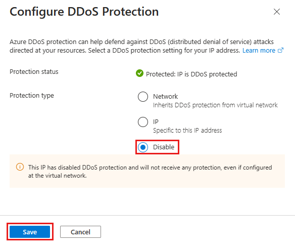 Screenshot of disabling IP Protection in Public IP Properties.