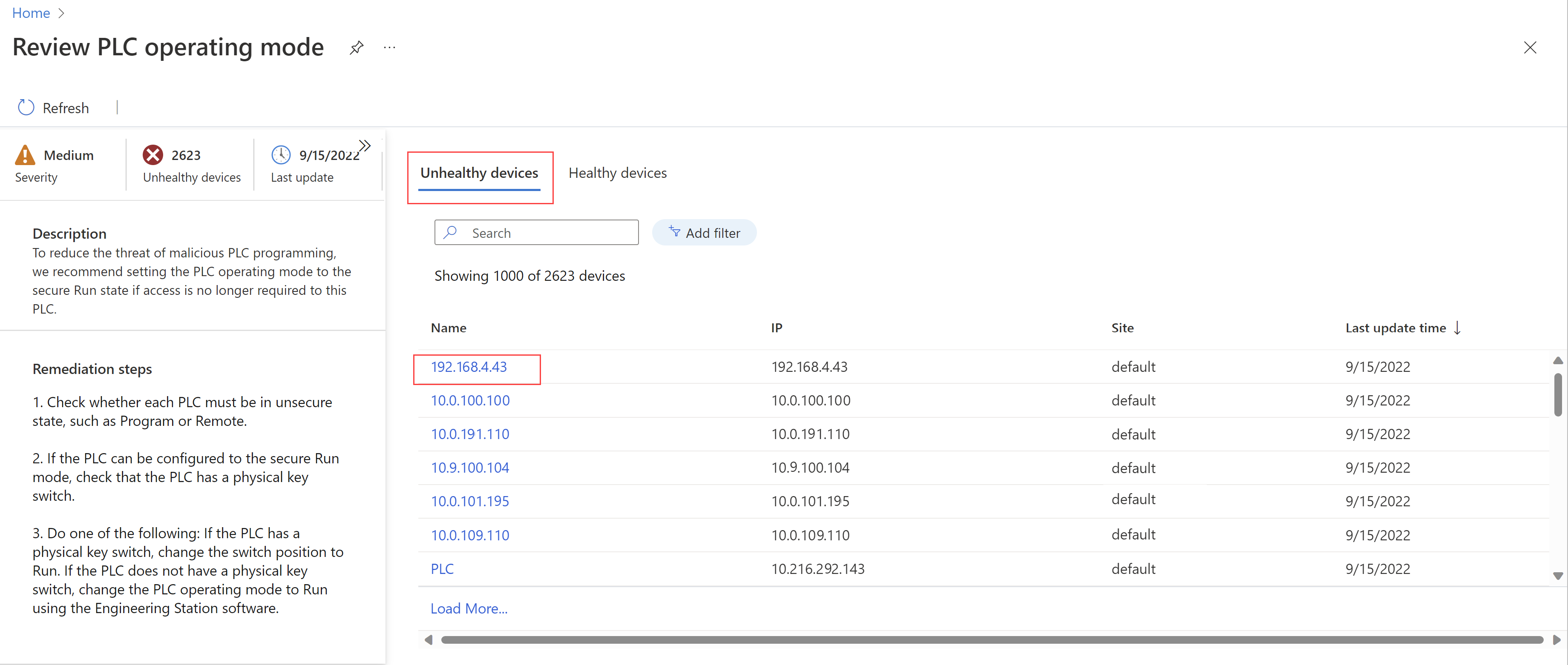 Screenshot of the Review PLC operating mode recommendation page.