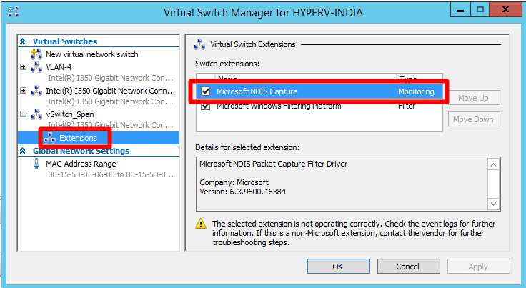 Screenshot of enabling the Microsoft NDIS by selecting it from the switch extensions menu.