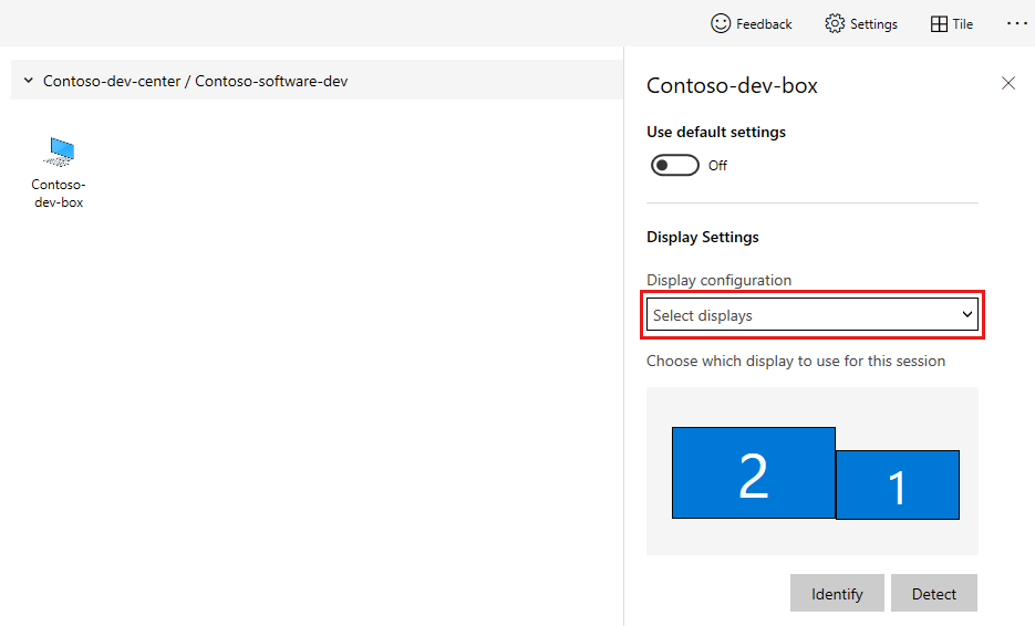 Screenshot showing the Remote Desktop display settings, highlighting the option to select the number of displays.