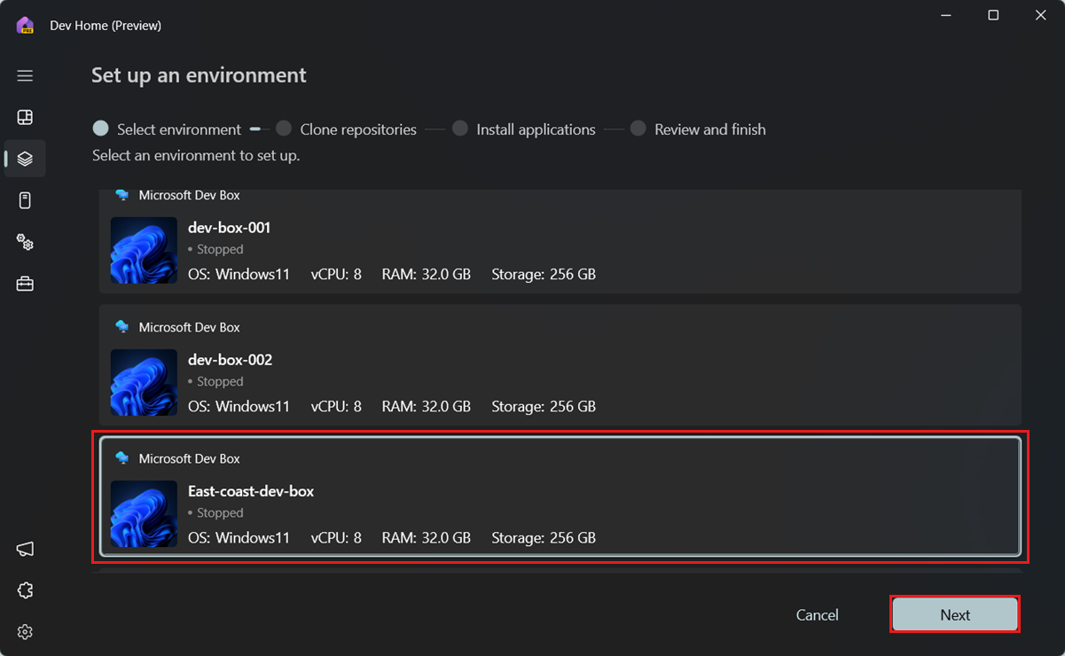 Screenshot showing the Select environment page.