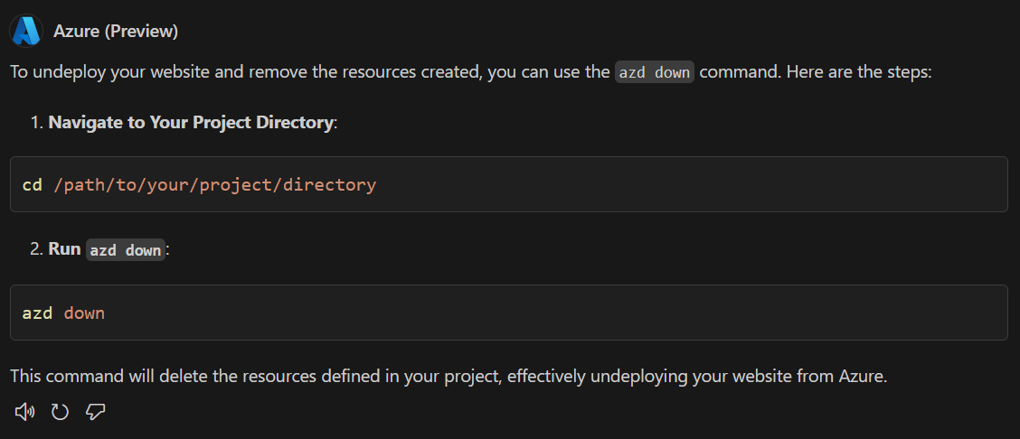 Screenshot that shows a response from GitHub Copilot for Azure with instructions to undeploy a website.