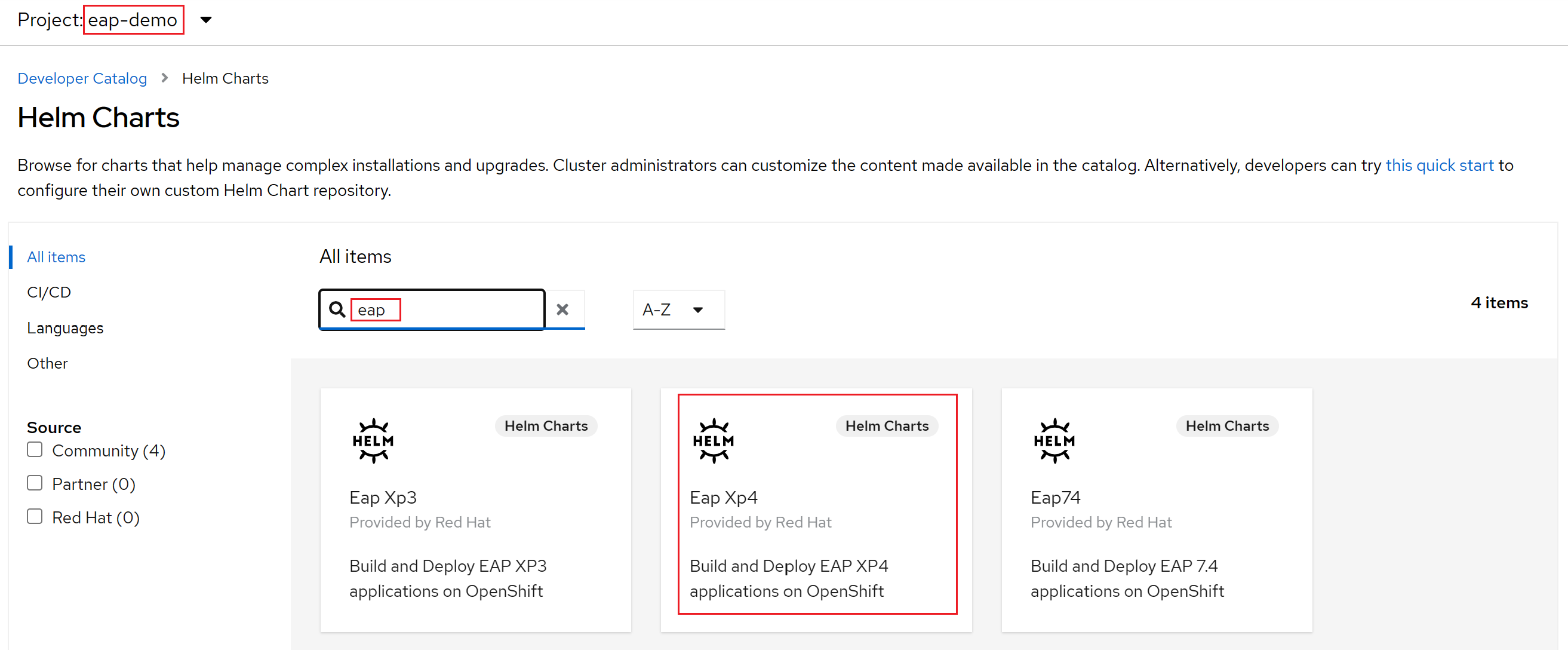 Screenshot of OpenShift console EAP Helm Charts.