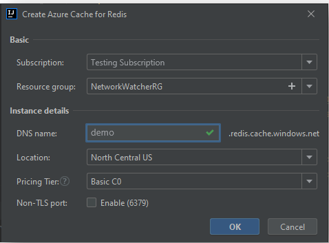 Create New Redis Cache dialog box