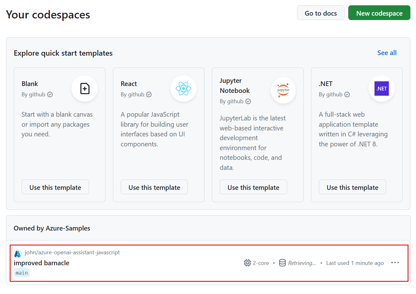 Screenshot of all the running Codespaces including their status and templates.