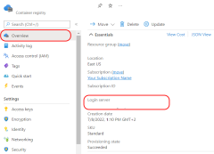 A screenshot showing how to find the login server value  for a registry in Azure portal.