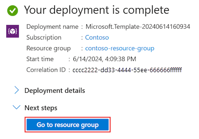 Screenshot that shows deployment complete and the Go to resource group option.