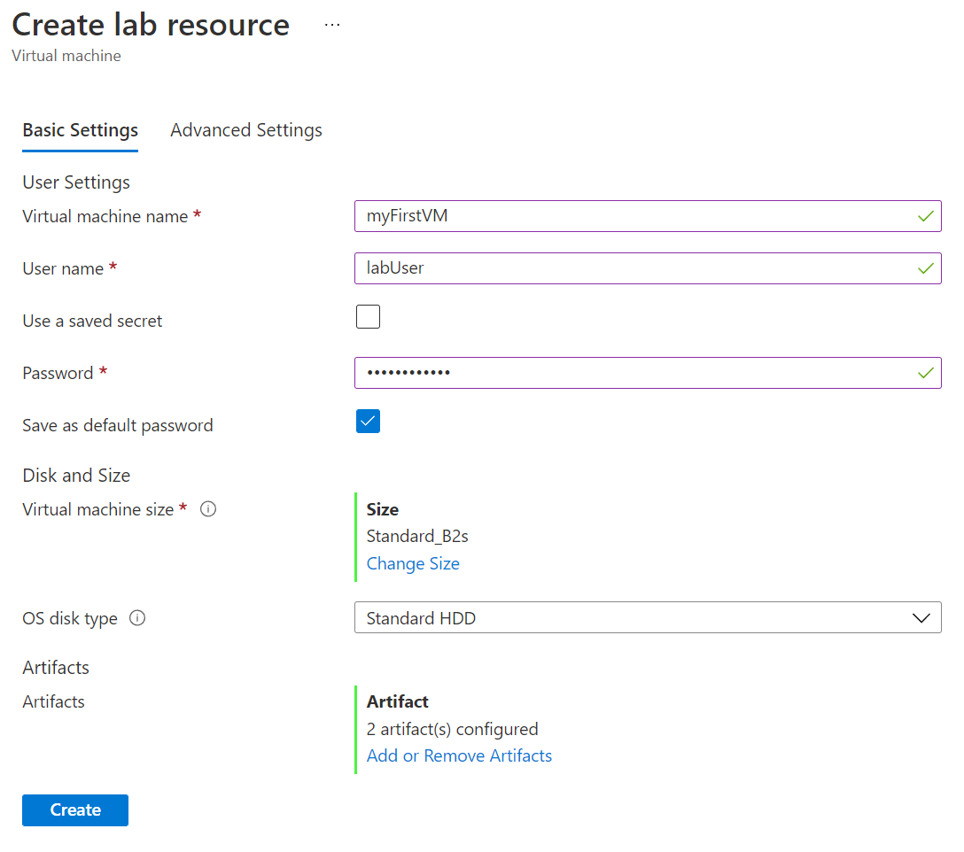 Virtual machine basic settings page.