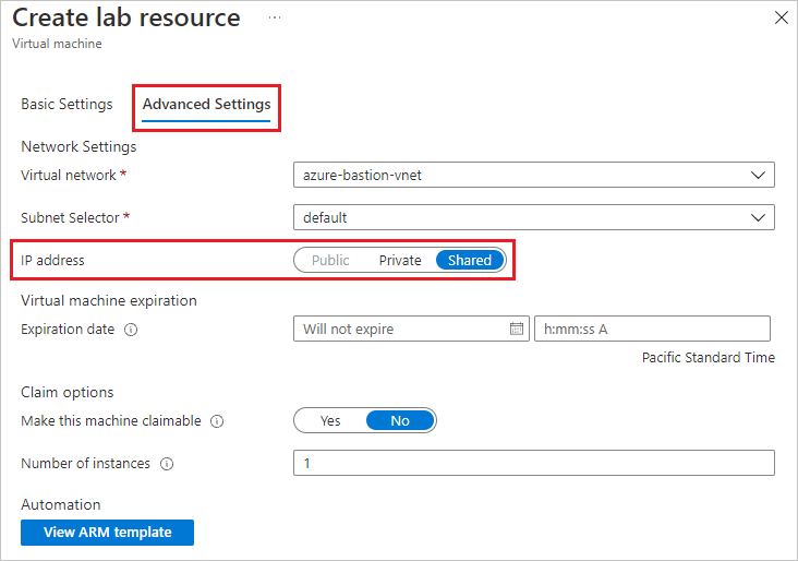 Screenshot that shows the Shared I P setting in Advanced Settings when creating a new V M.