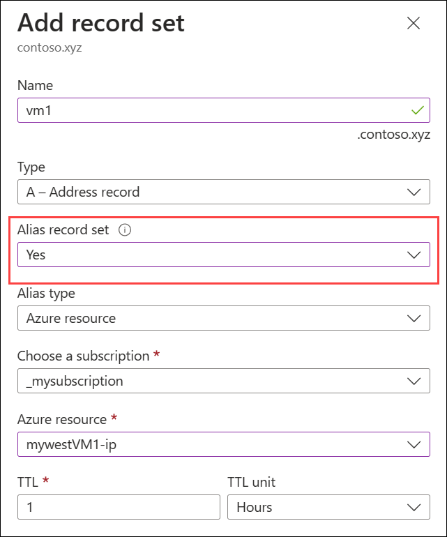 A screenshot showing how to add an alias record set.