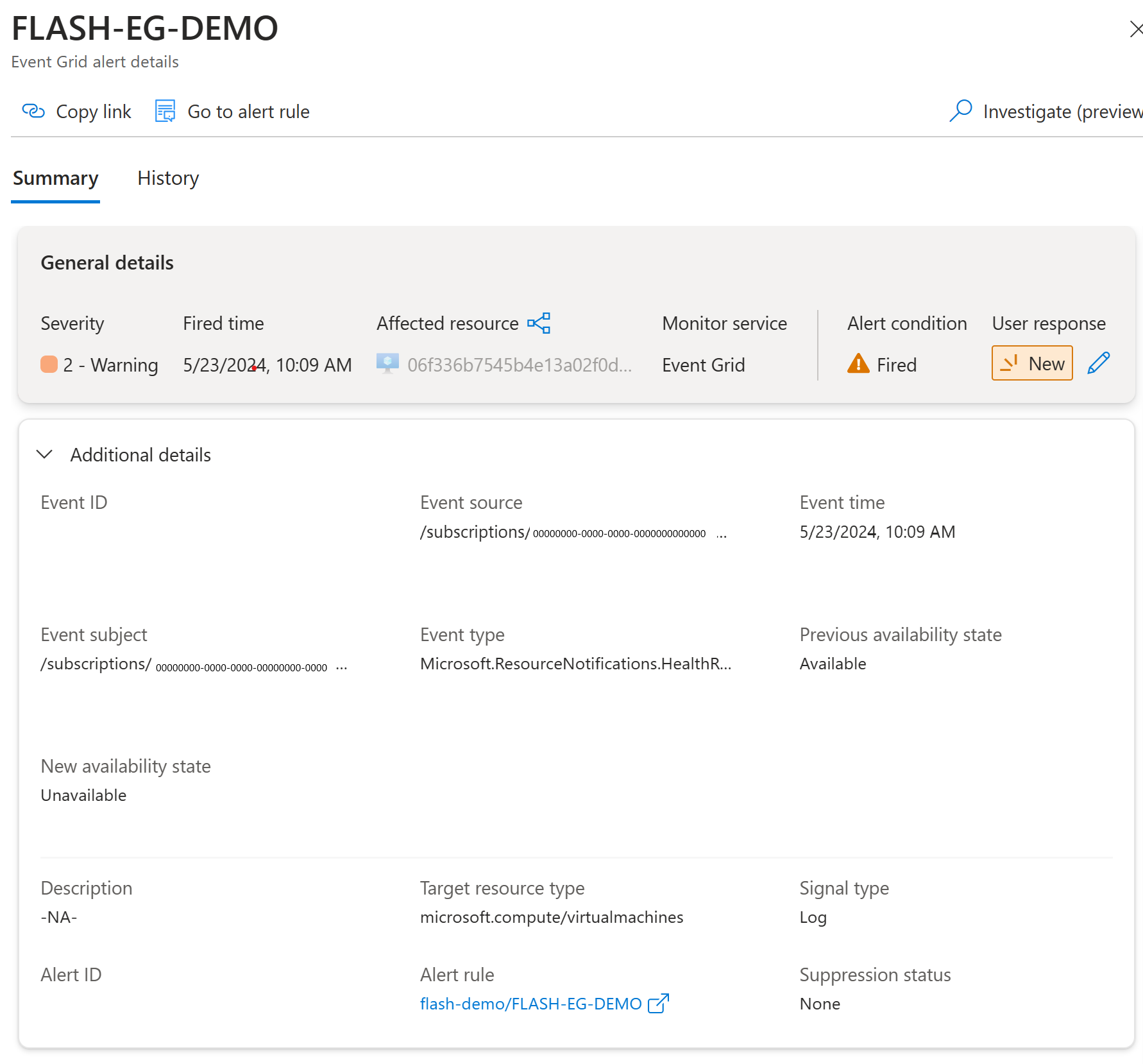 Screenshot that shows the sample Availability Status Changed alert in Azure Monitor.