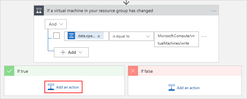 Screenshot that shows the workflow designer with the condition's "If true" pane open and "Add an action" selected.