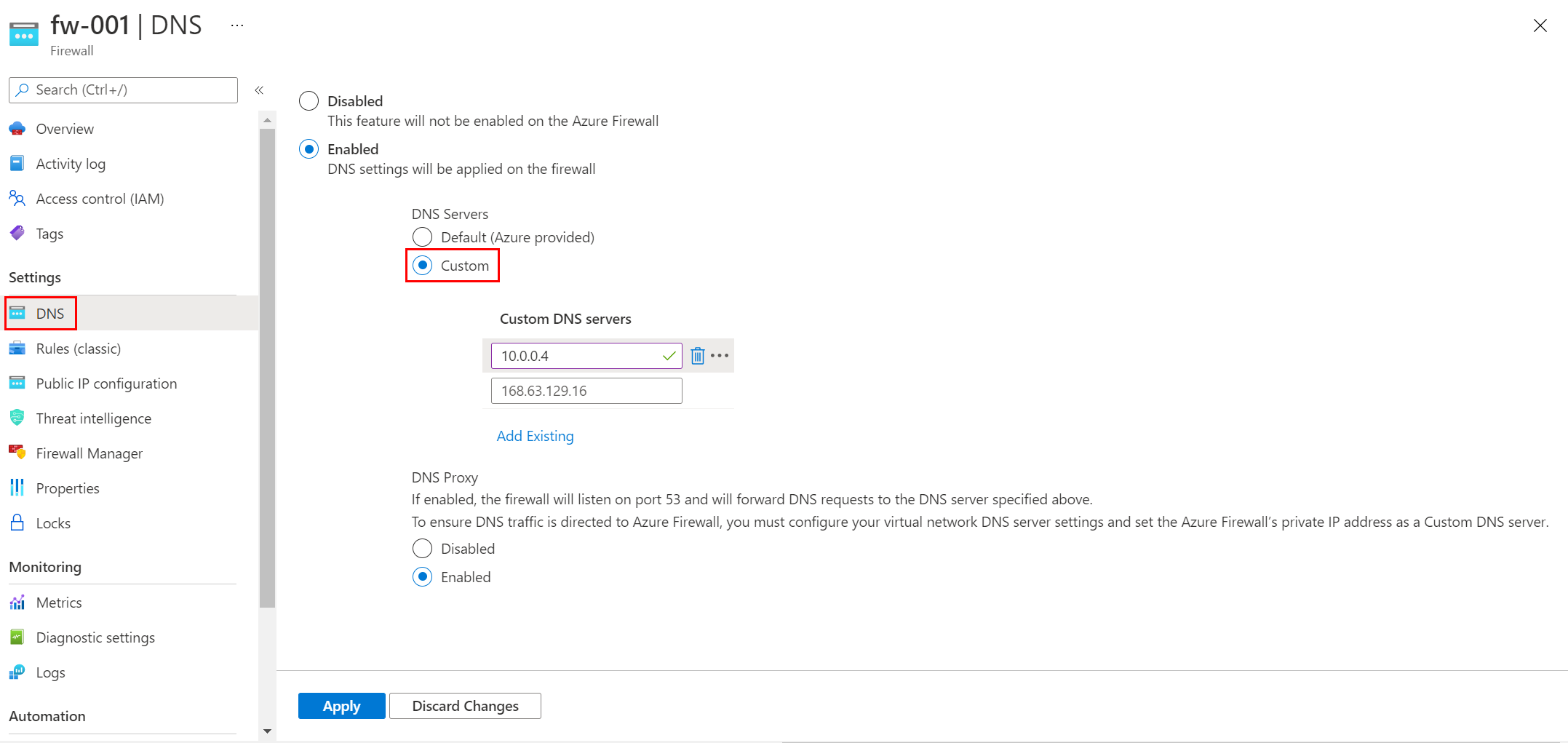 Screenshot showing settings for DNS servers.