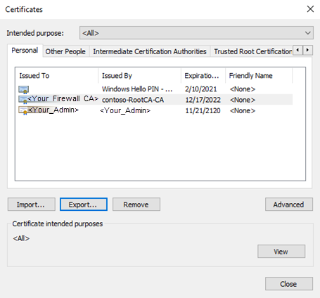 Screenshot of export certificate